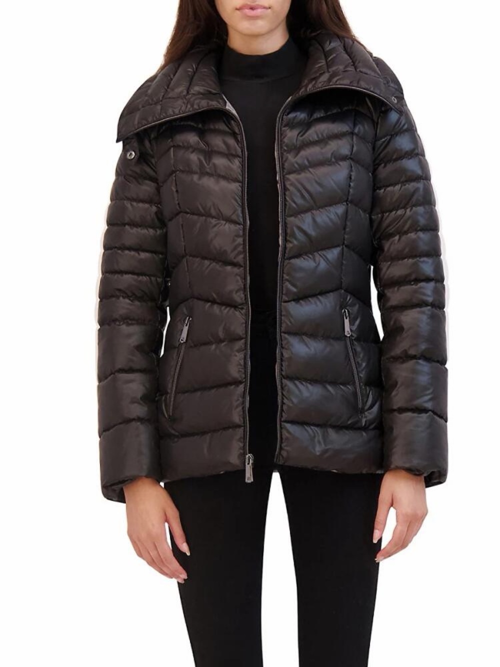 Kenneth Cole Black Chevron Quilted Collared Zip Winter Puffer Jacket Large NWT